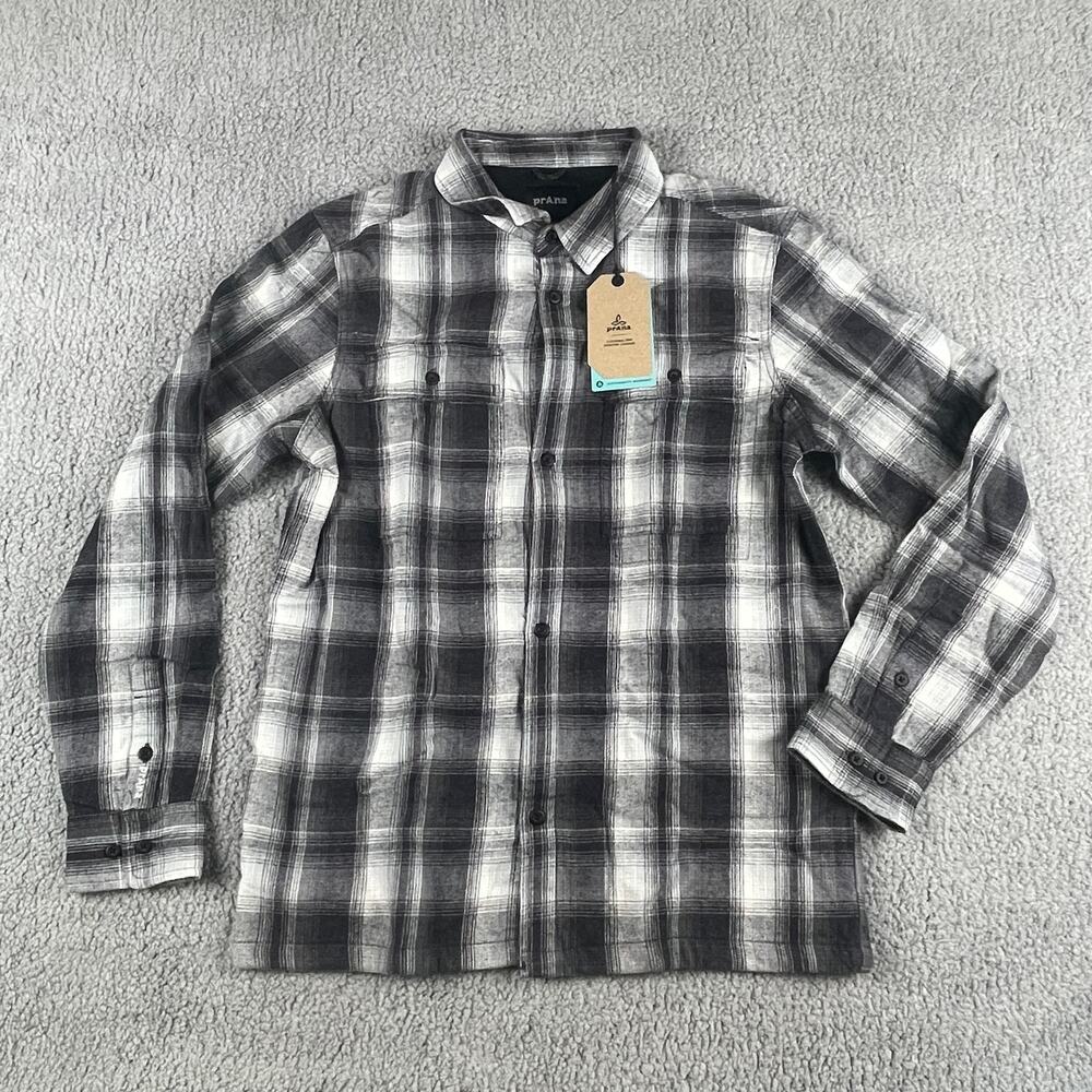 Prana Men's Small Black White Plaid Cotton Long Sleeve Glover Park Lined Flannel